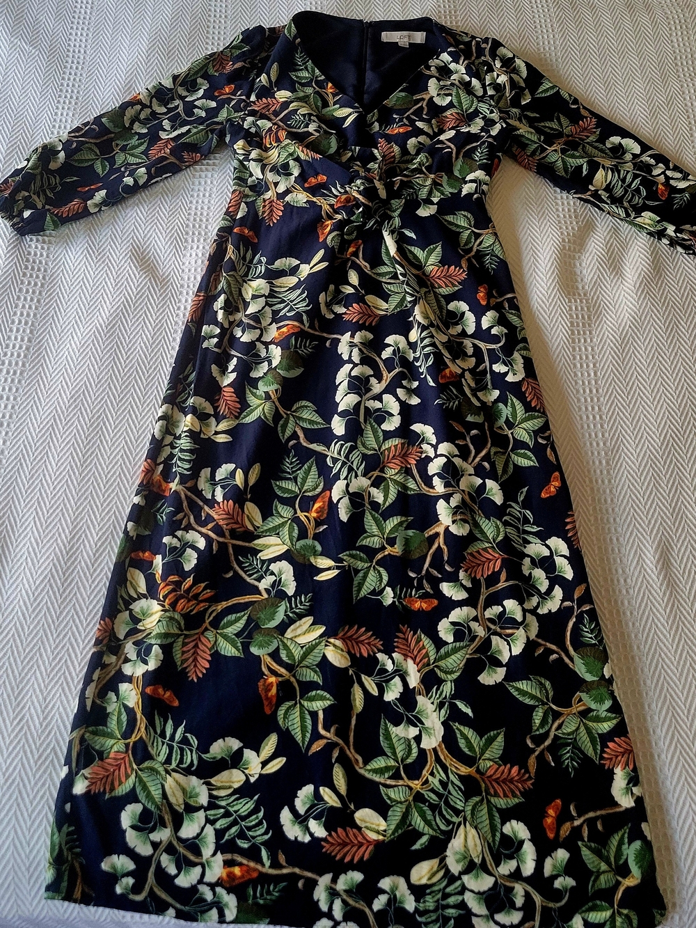 LOFT Navy Floral V-Neck Maxi Dress with Green & Cream Accents
